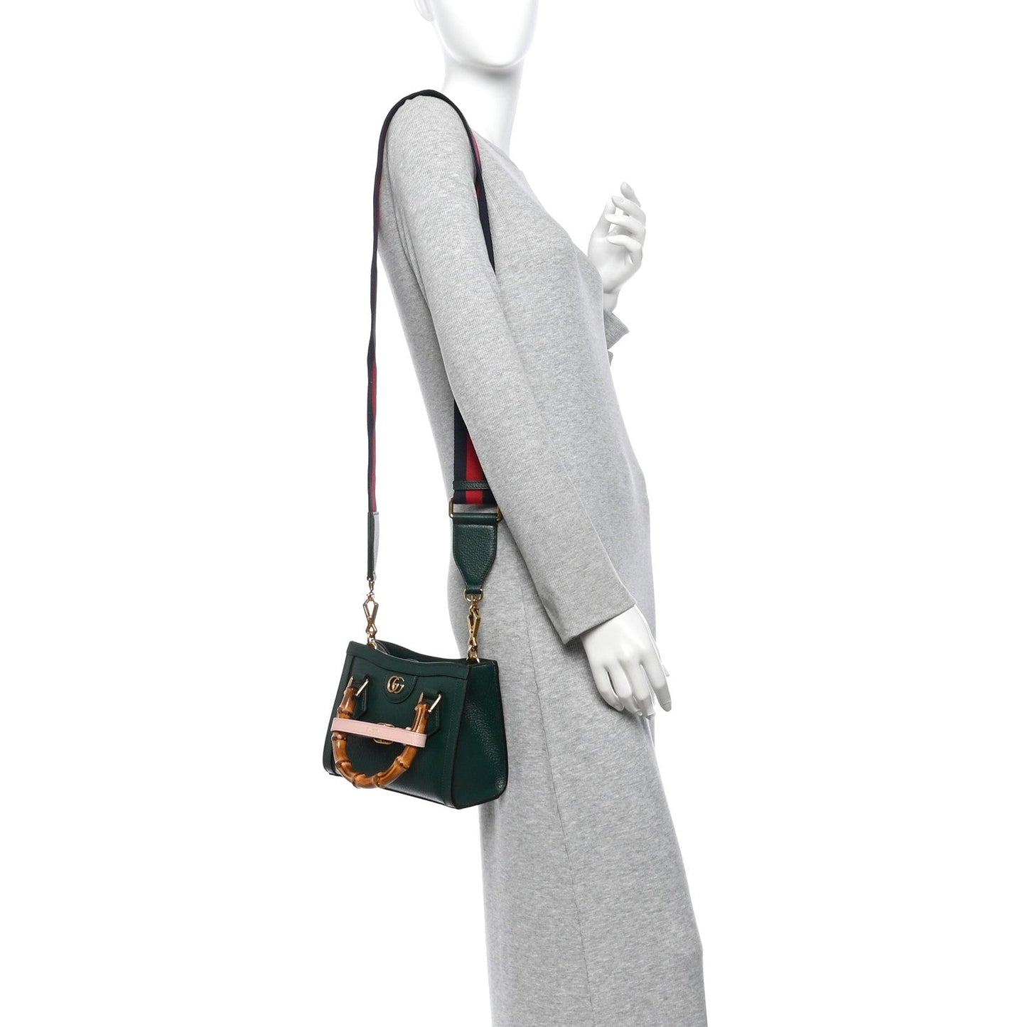 Textured Dollar Calfskin Web Mini Diana Tote Bag Vintage Green Pink