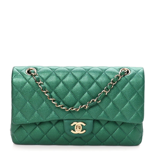 Metallic Caviar Quilted Medium Double Flap Green