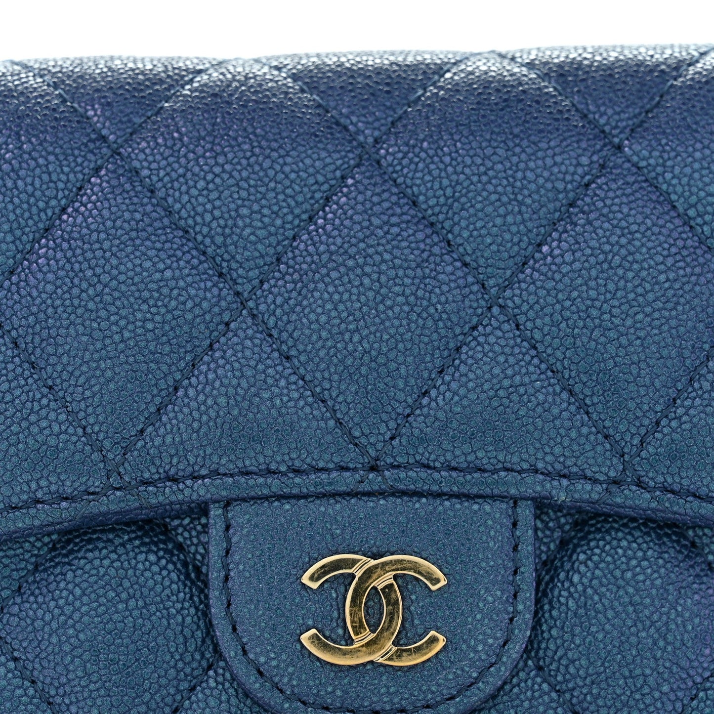 Iridescent Caviar Flap Quilted Card Holder Wallet Dark Blue