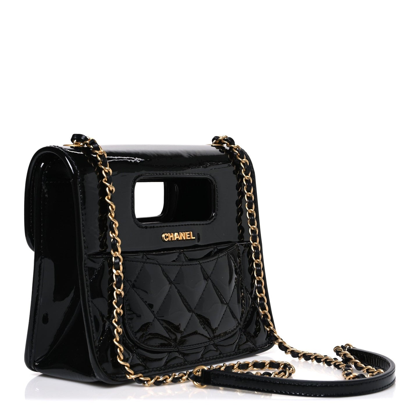 Patent Quilted Mini Graphic Catch Flap Black