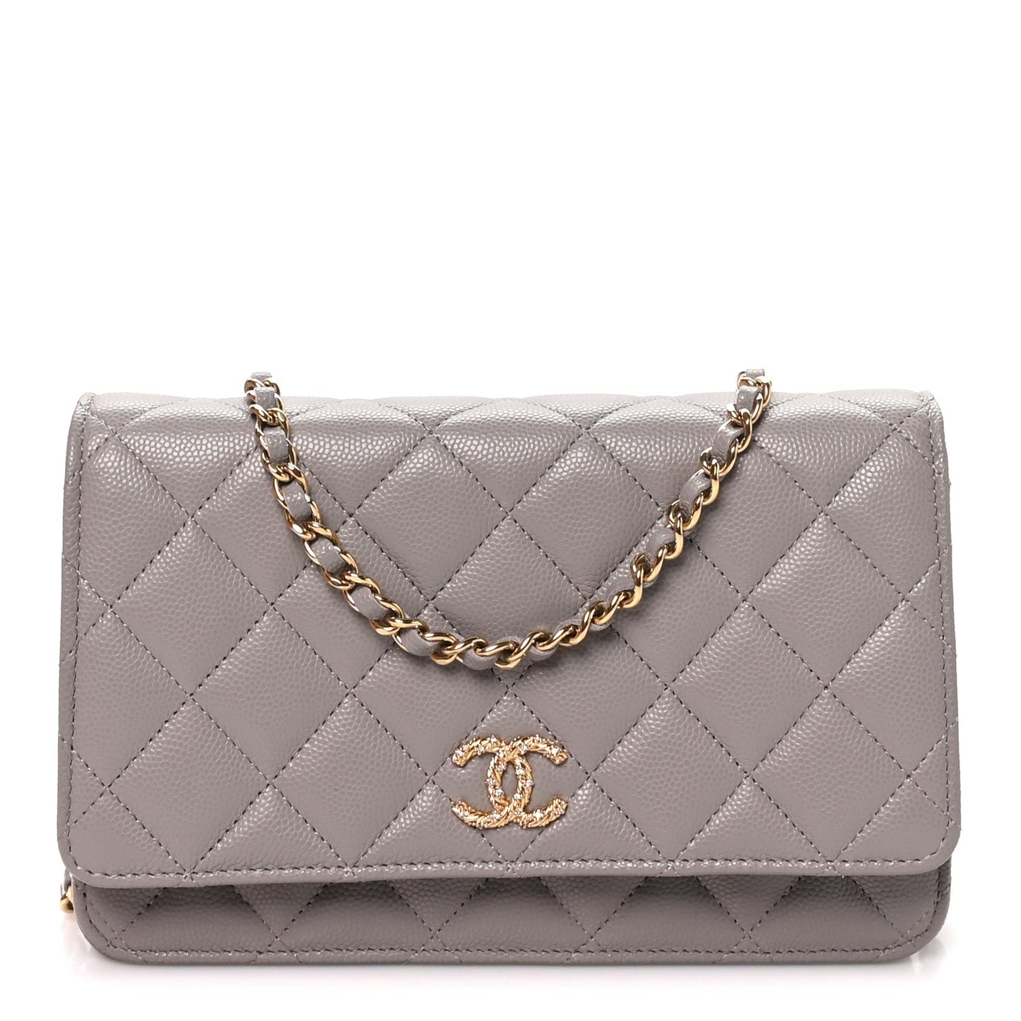 Grained Calfskin Quilted Strass CC Wallet On Chain WOC Dark Grey