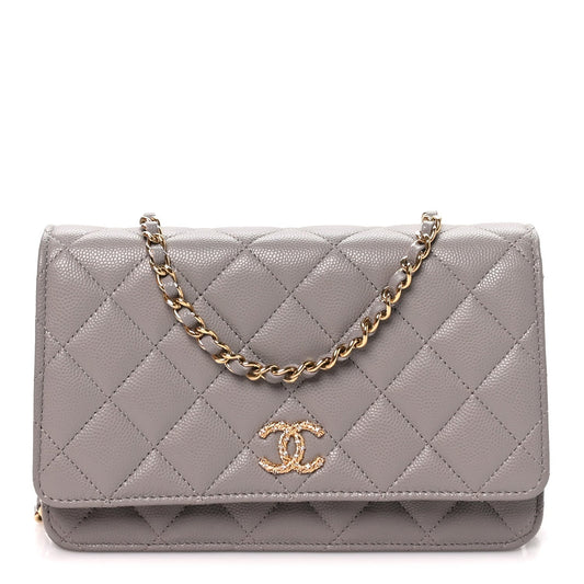 Grained Calfskin Quilted Strass CC Wallet On Chain WOC Dark Grey