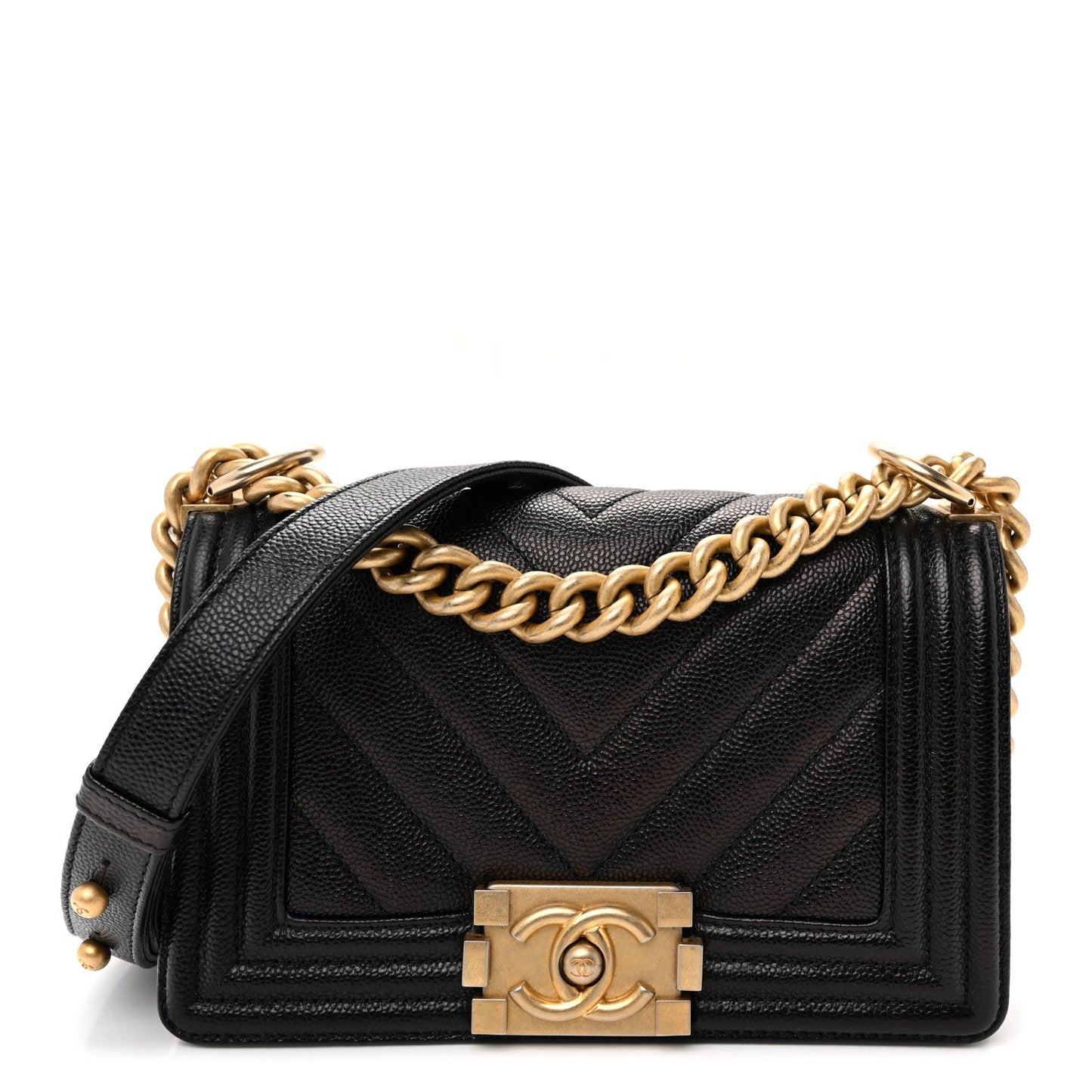 Caviar Chevron Quilted Small Boy Flap Black