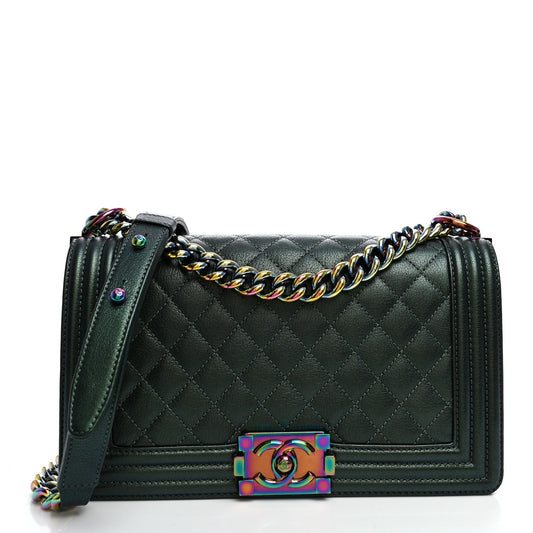 Iridescent Goatskin Quilted Medium Boy Flap Green