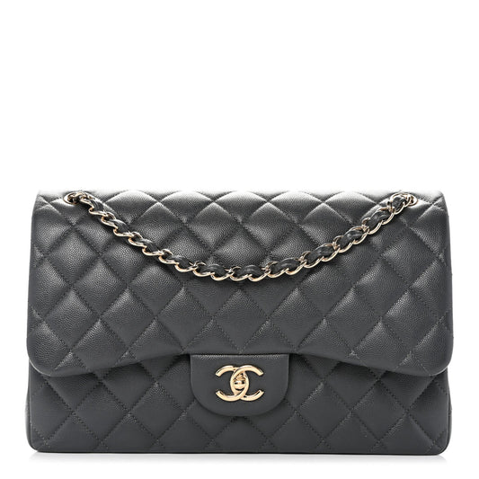 Caviar Quilted Jumbo Double Flap Dark Grey