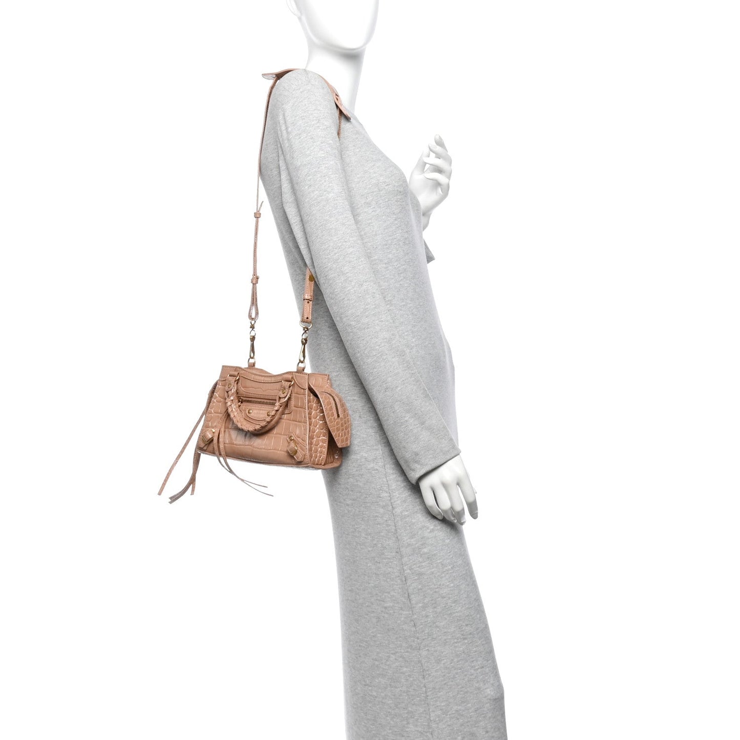 Shiny Supple Calfskin Crocodile Embossed Neo Classic Gold Hardware Mini City Nude Beige