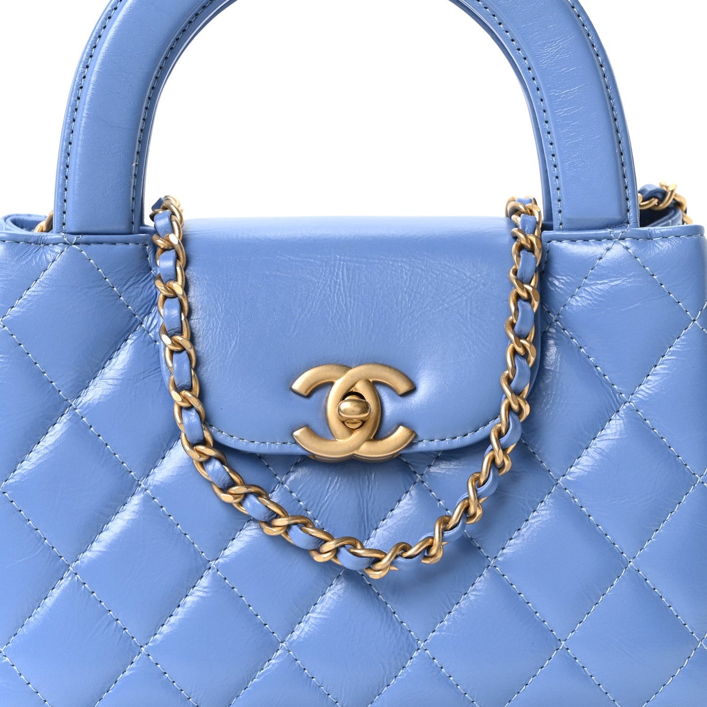 Shiny Aged Calfskin Quilted Nano Kelly Shopper Blue