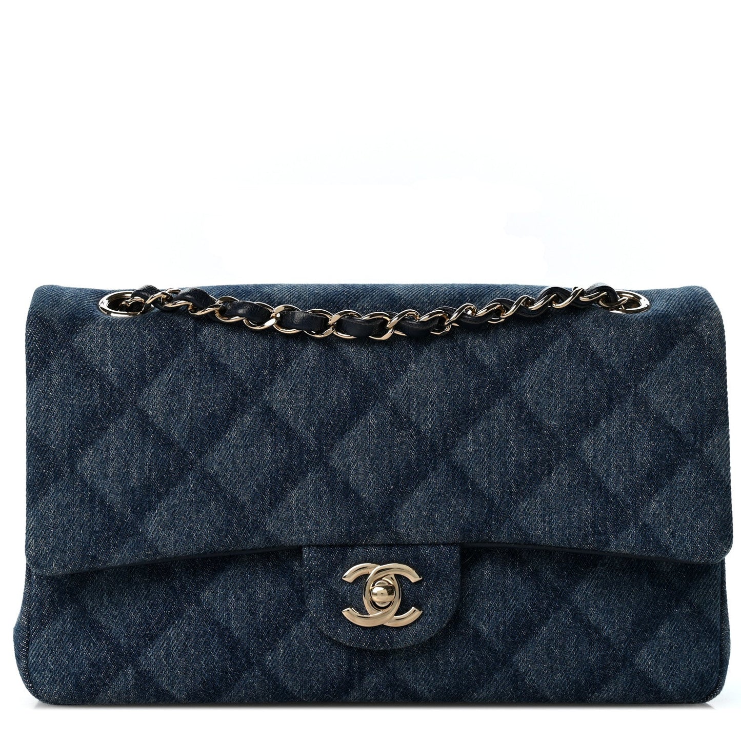 Printed Denim Quilted Medium Double Flap Light Blue