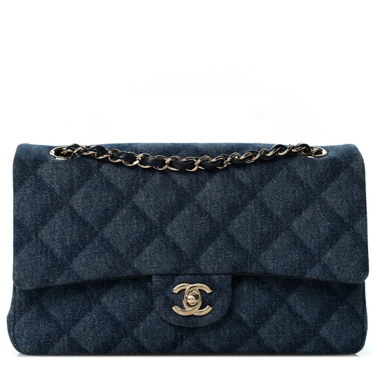 Printed Denim Quilted Medium Double Flap Light Blue
