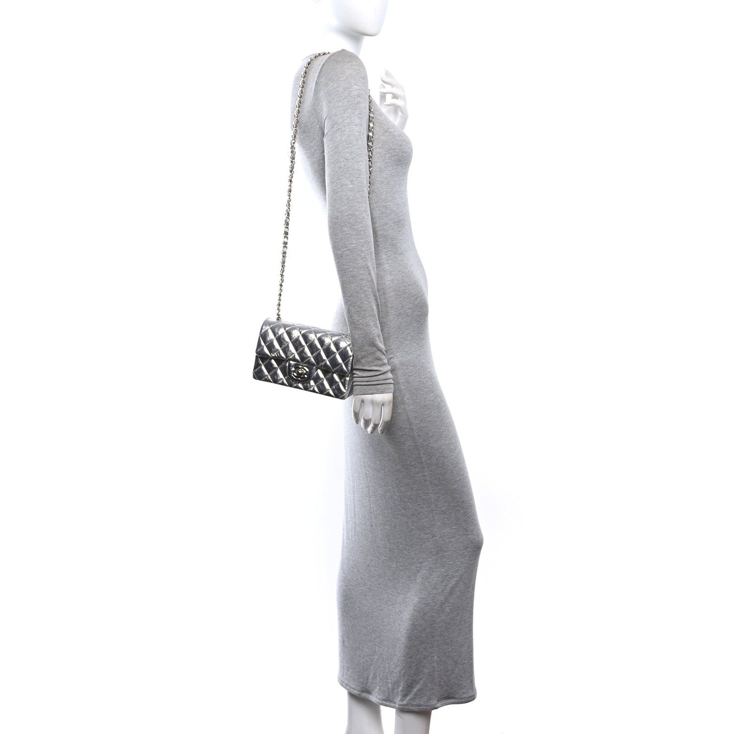 Hammered Metallic Calfskin Quilted Small Double Flap Silver