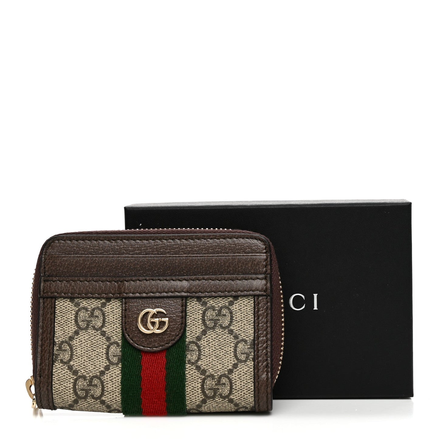 GG Supreme Monogram Textured Dollar Calfskin Web Ophidia Zip Around Card Case Wallet Beige Ebony New Acero