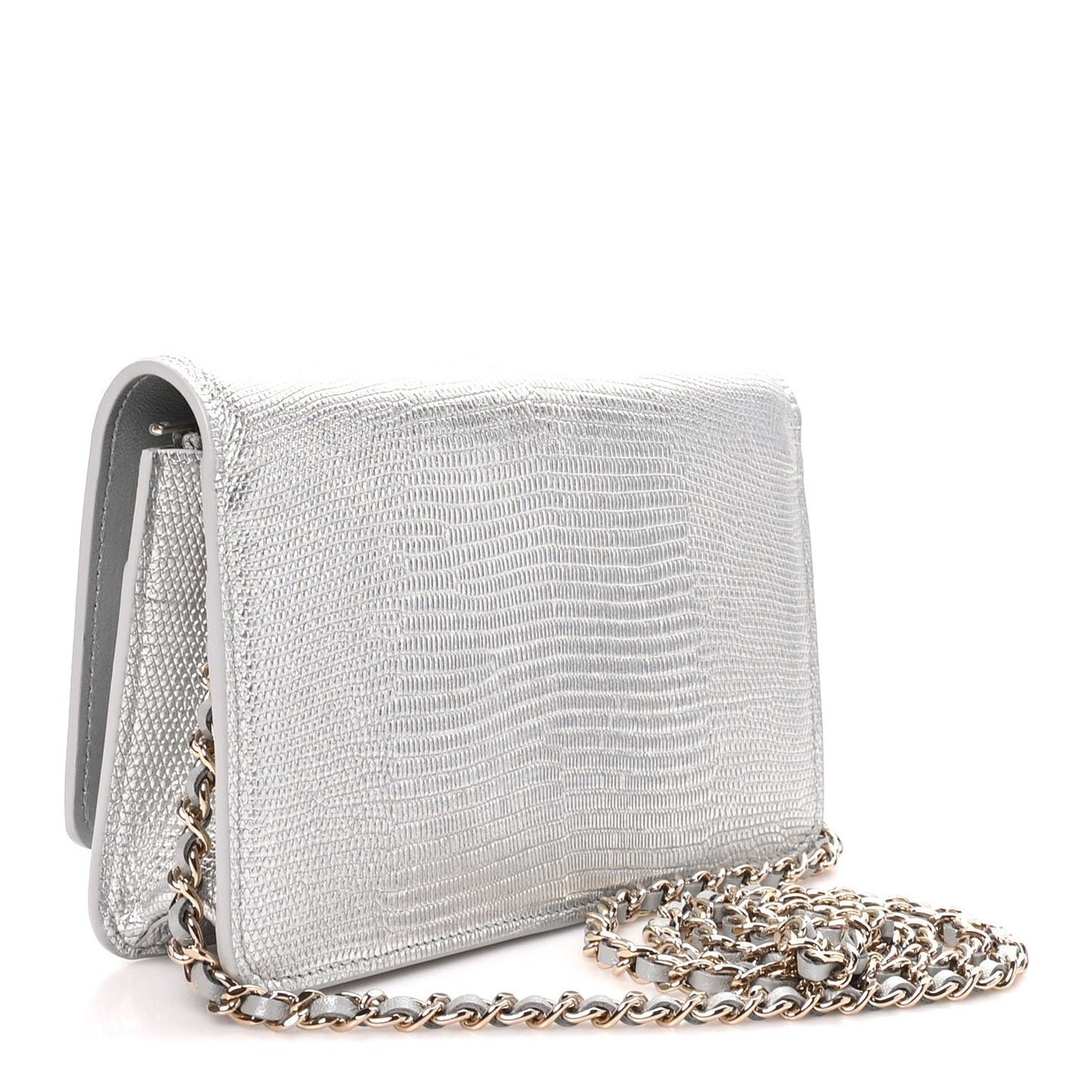 Calfskin Lizard Embossed Wallet on Chain WOC Silver
