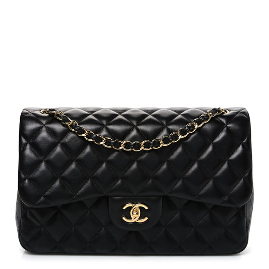 Lambskin Quilted Jumbo Double Flap Black