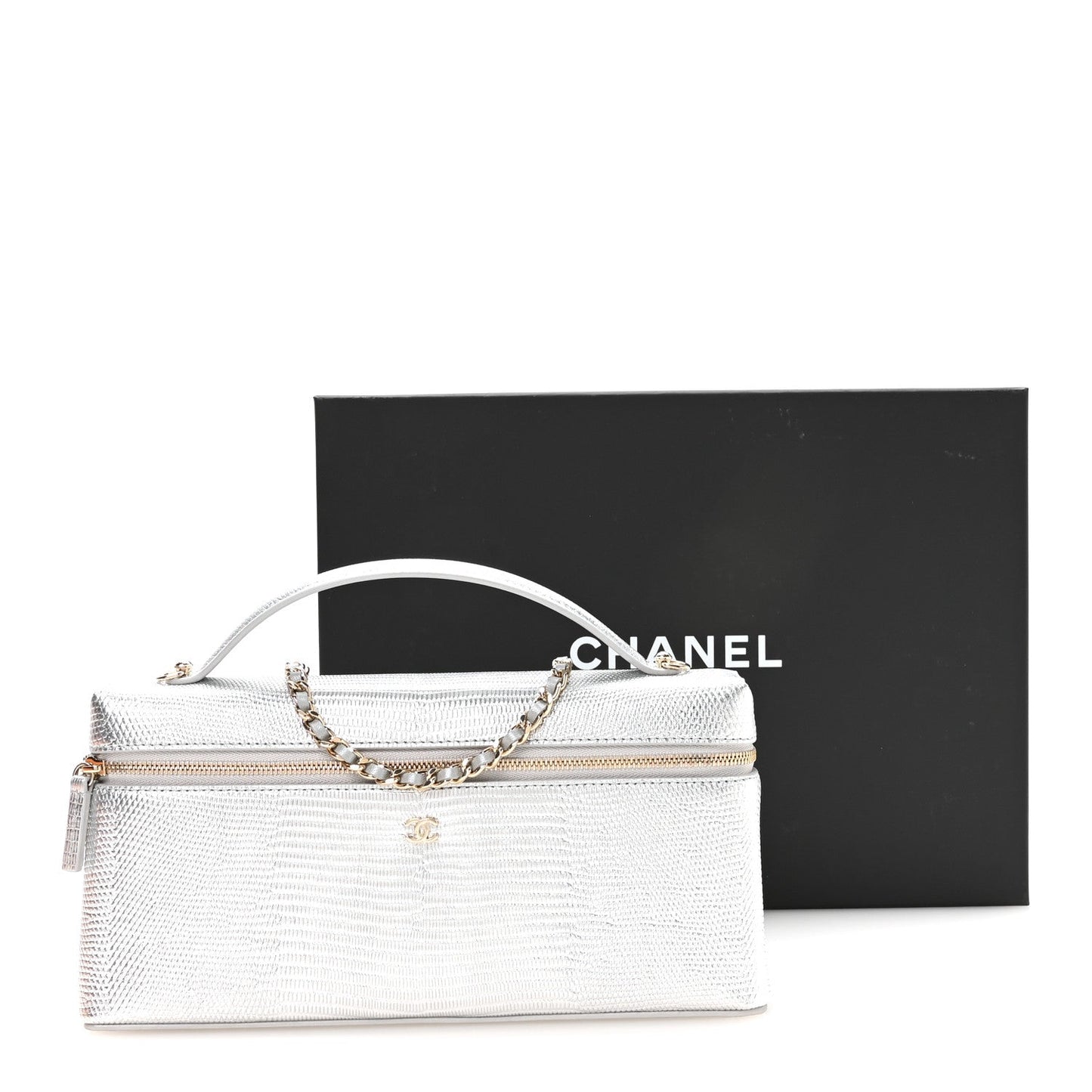 Lizard Embossed Calfskin Top Handle Slim Vanity With Chain Silvery