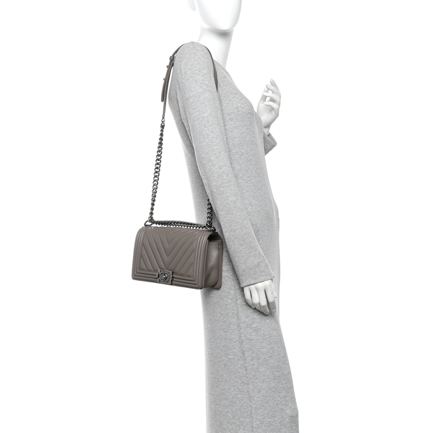 Calfskin Chevron Quilted Medium Boy Flap Grey