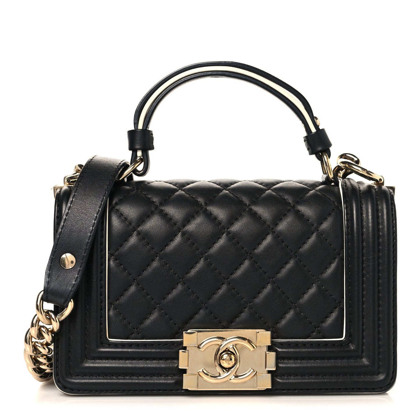 Calfskin Quilted Small Boy Top Handle Flap Black