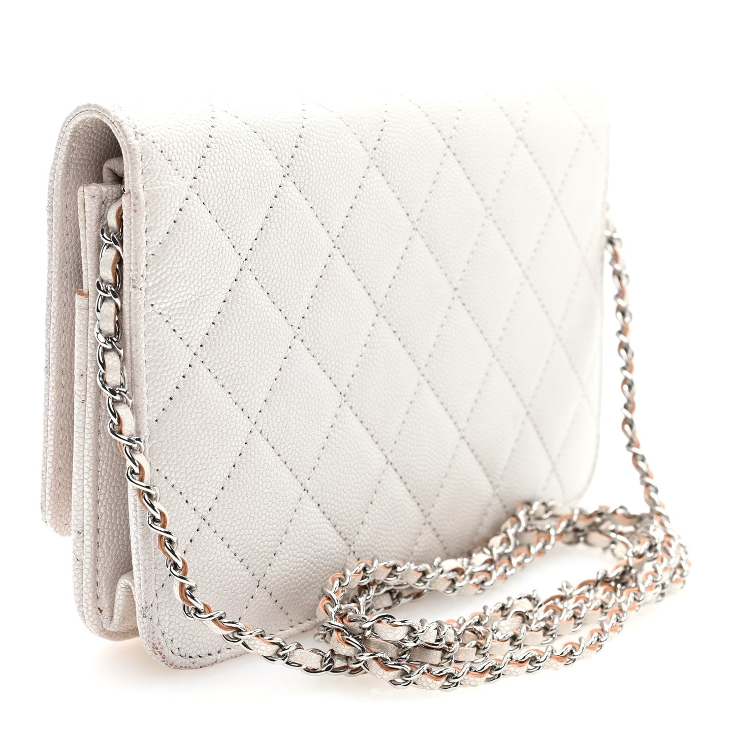 Iridescent Caviar Quilted Golden Class Wallet On Chain WOC White