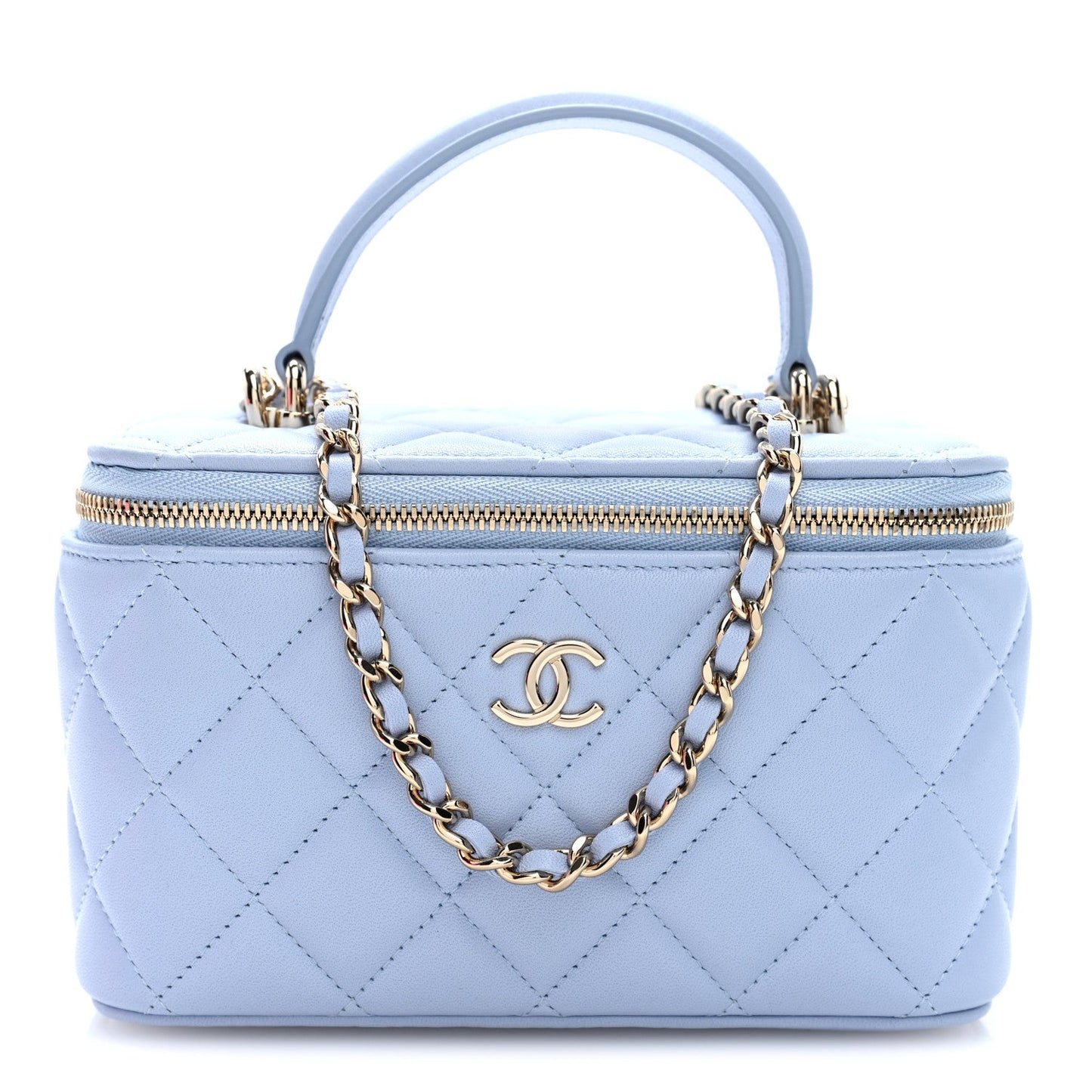 Lambskin Quilted Small Top Handle Vanity Case With Chain Light Blue