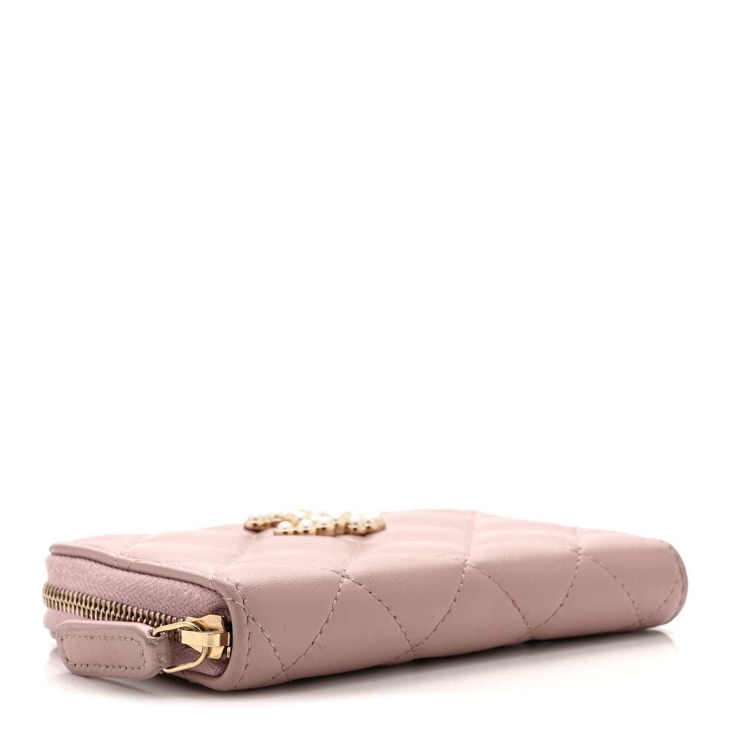 Lambskin Quilted Pearl CC Zip Around Coin Purse Wallet Pink