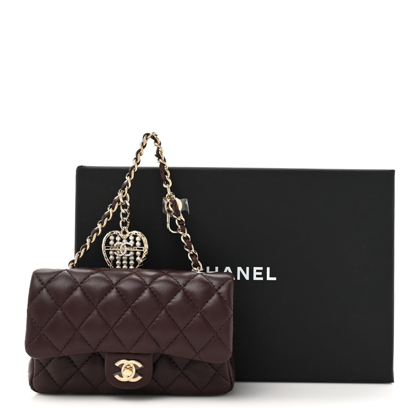 Lambskin Quilted Mini Flap Bag Charm With Hook Dark Brown