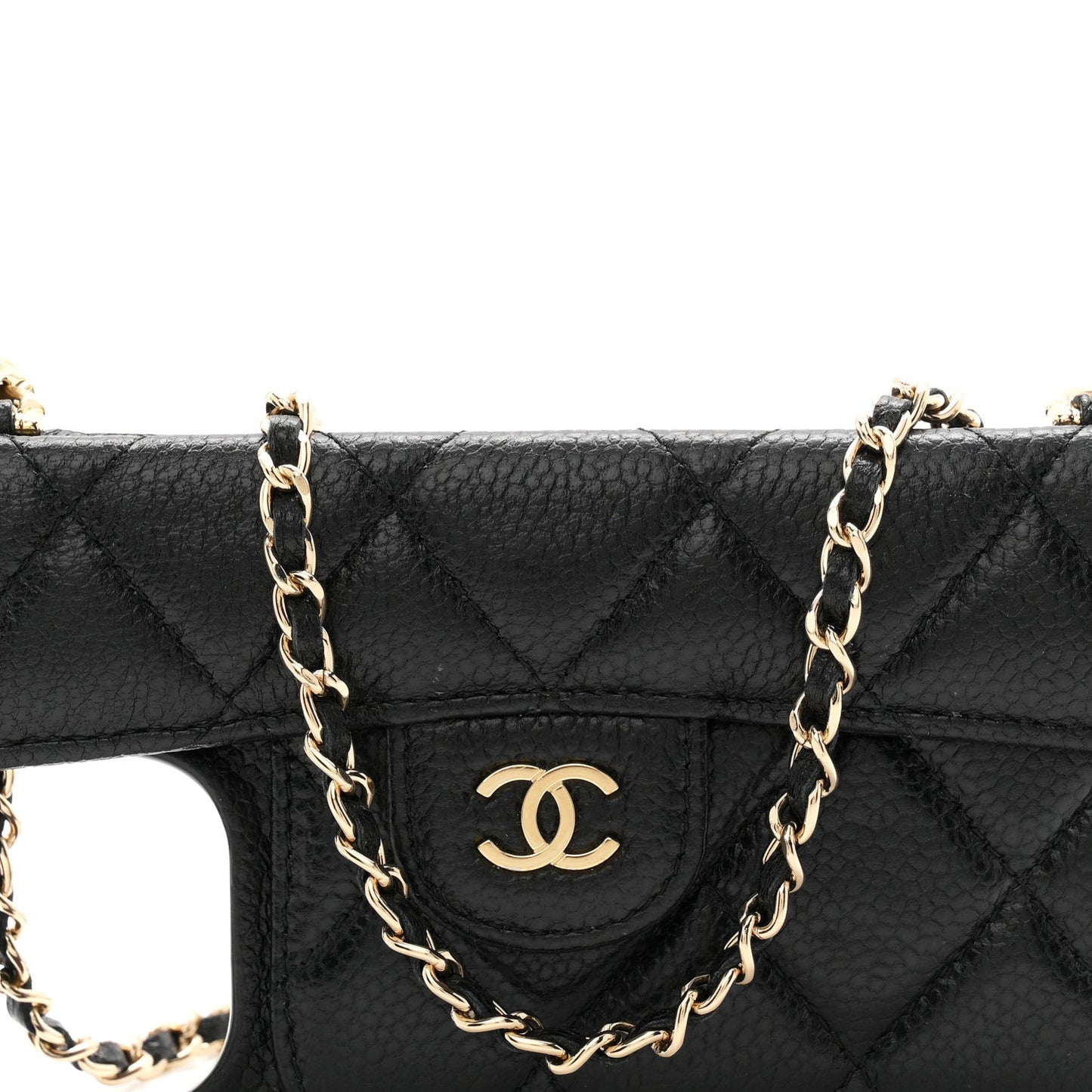 Caviar Quilted Pearl Crush iPhone 15 Pro Max Holder With Chain Black