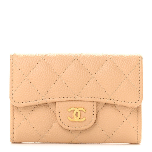 Caviar Quilted Flap Card Holder Wallet Beige