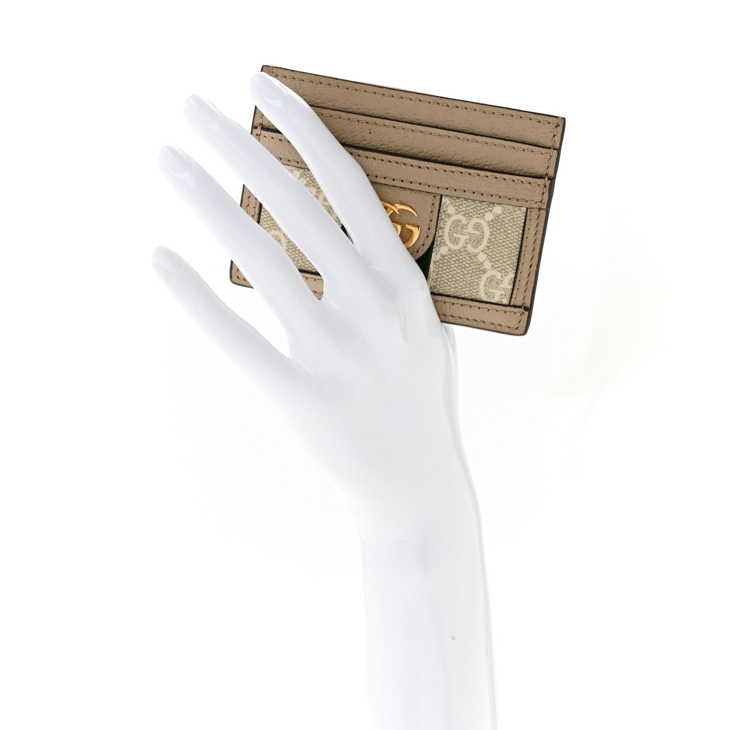 GG Supreme Monogram Textured Dollar Calfskin Web Ophidia Card Holder Beige Mystic White Oatmeal