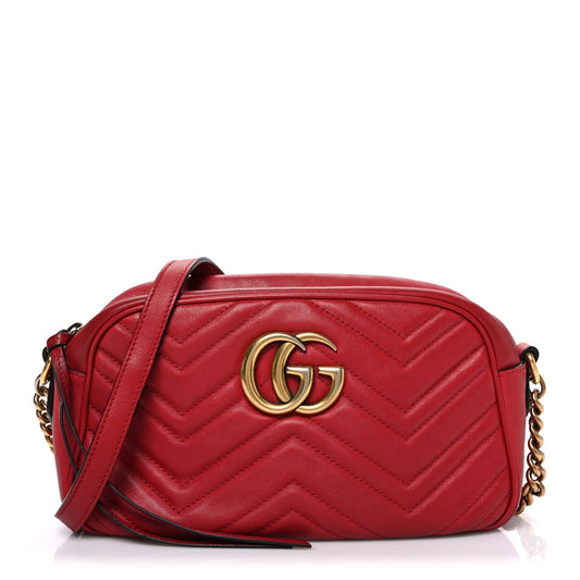 Calfskin Matelasse Small GG Marmont Chain Shoulder Bag Hibiscus Red