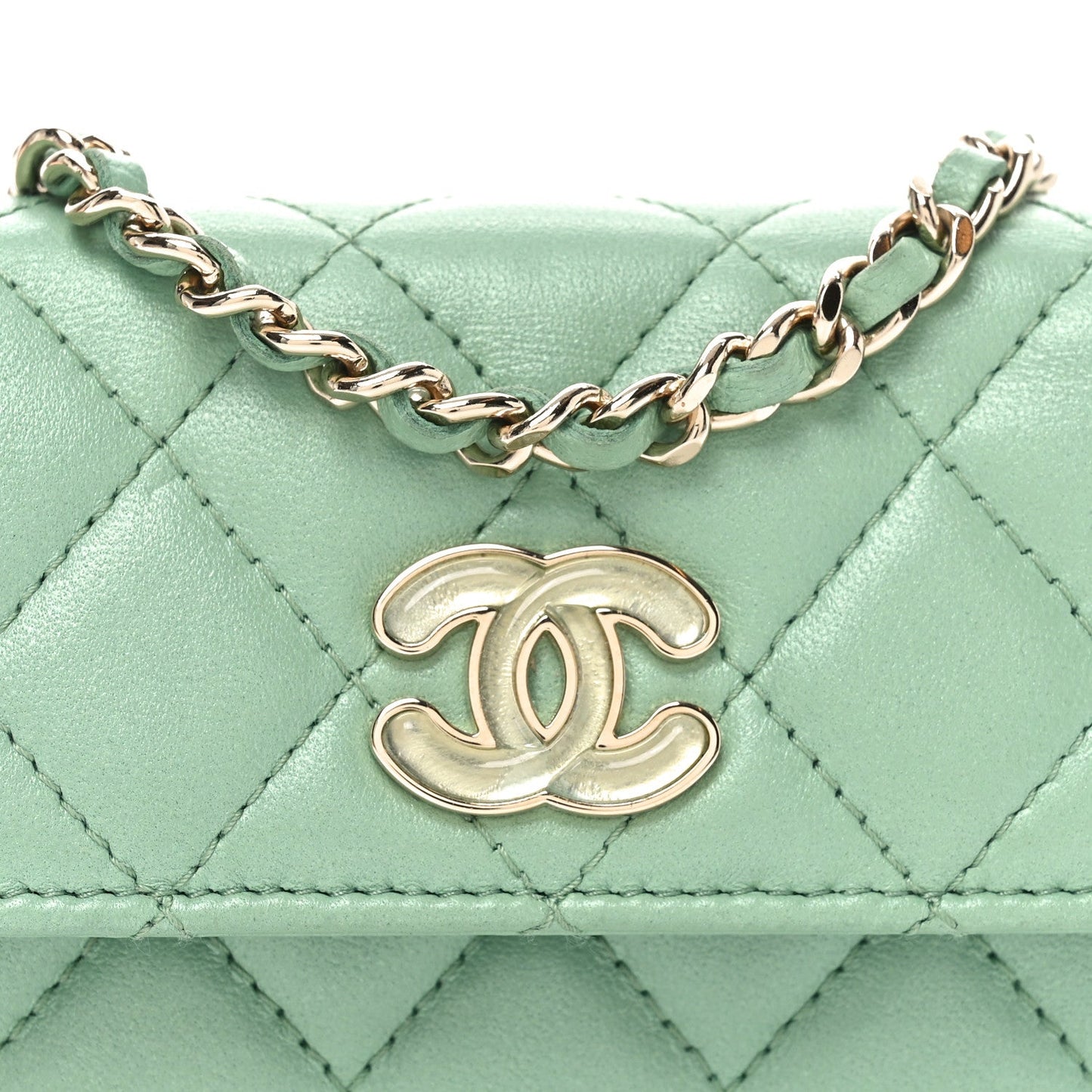 Lambskin Resin Quilted Mini Heart Coin Purse With Chain Light Green