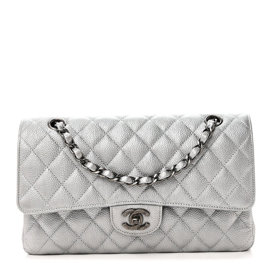 Metallic Caviar Quilted Medium Double Flap Silvery