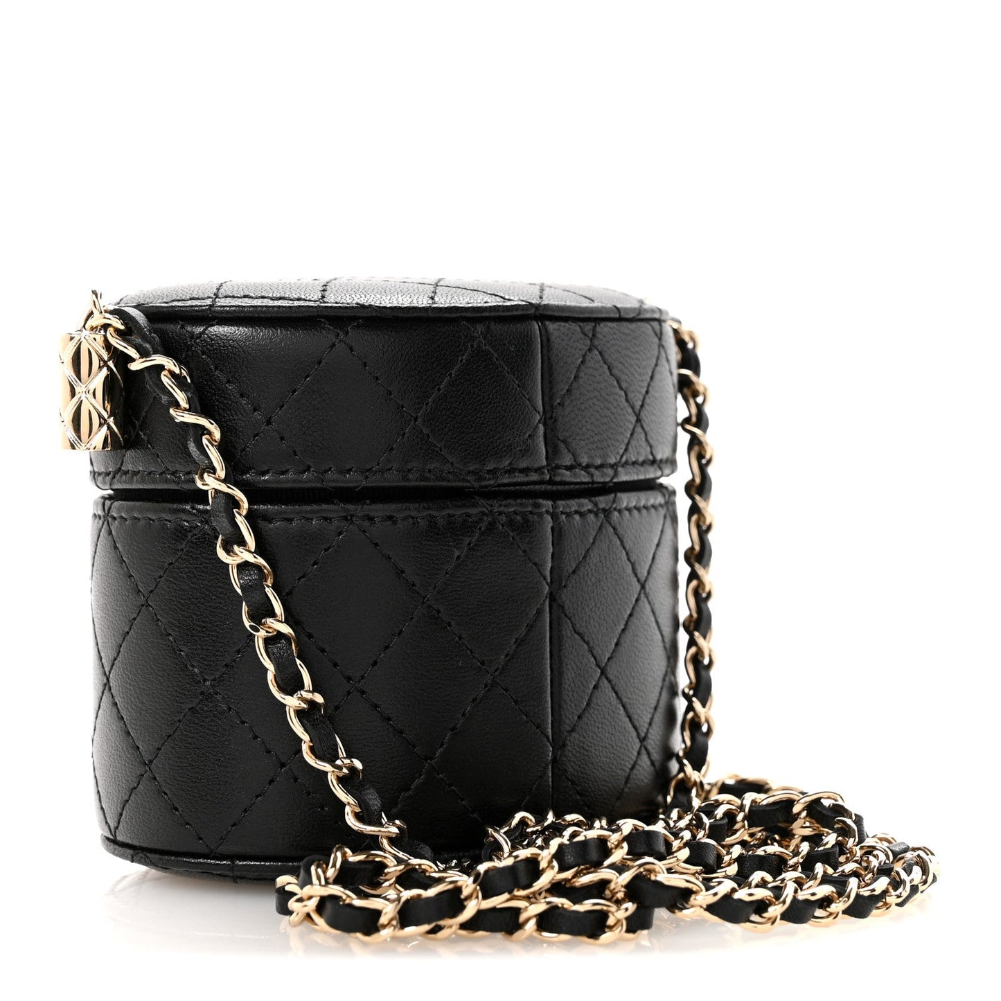 Lambskin Quilted Mini Round Vanity Case With Chain Black