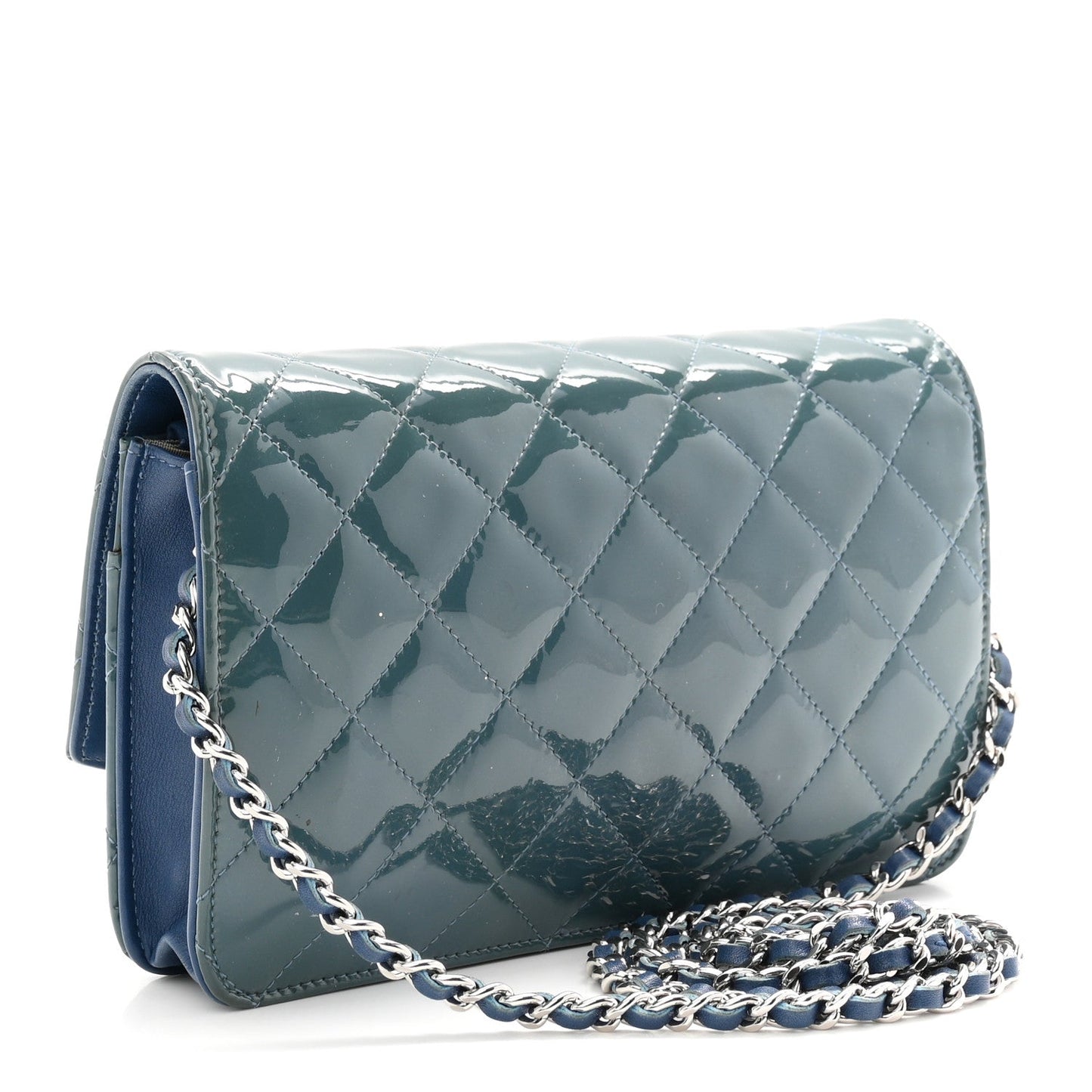 Patent Quilted Brilliant Wallet On Chain WOC Blue