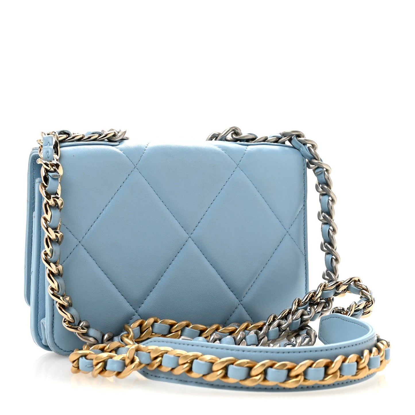 Lambskin Quilted Chanel 19 Wallet On Chain WOC Light Blue