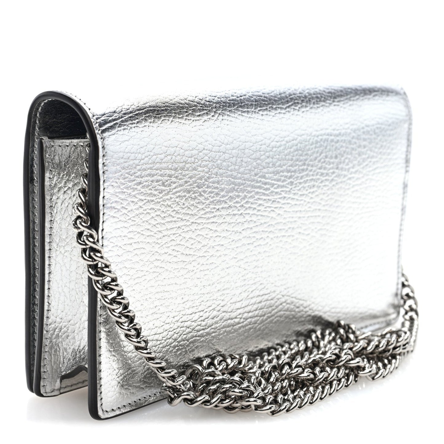 Metallic Dollar Calfskin Mini GG Marmont Chain Wallet Silver