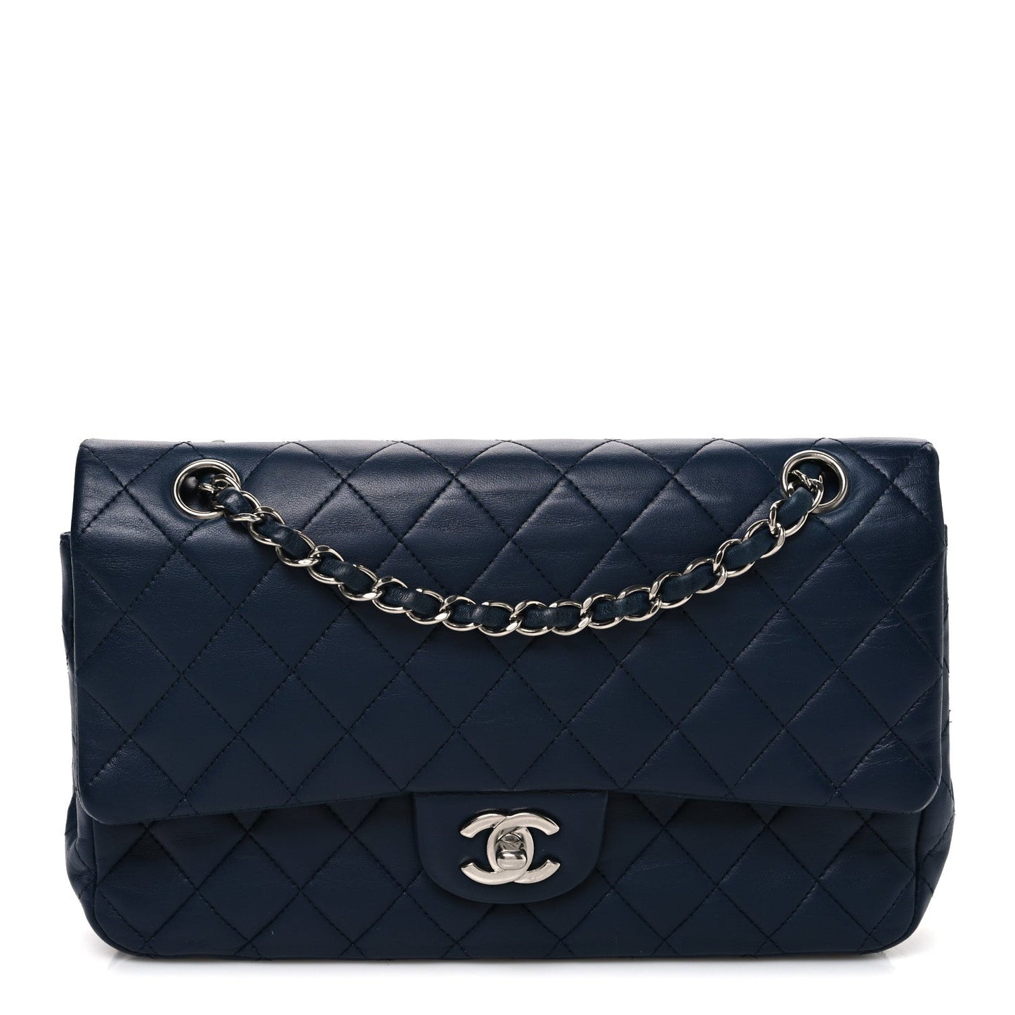 Lambskin Quilted Medium Double Flap Navy