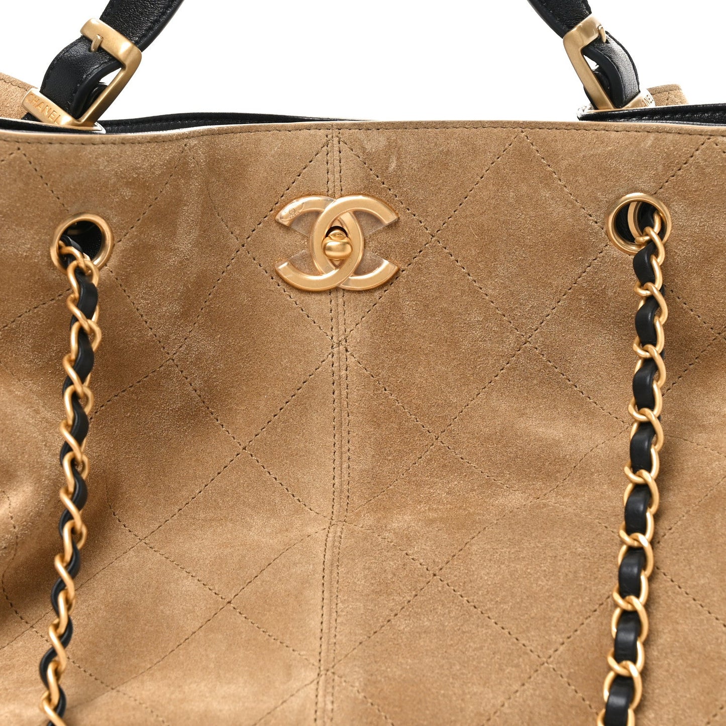 Suede Calfskin Shiny Lambskin Quilted Large Coco Base Shopping Bag Beige Black