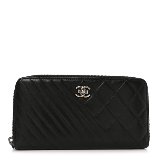 Glazed Calfskin Quilted Small Coco Boy Zip Around Wallet Black