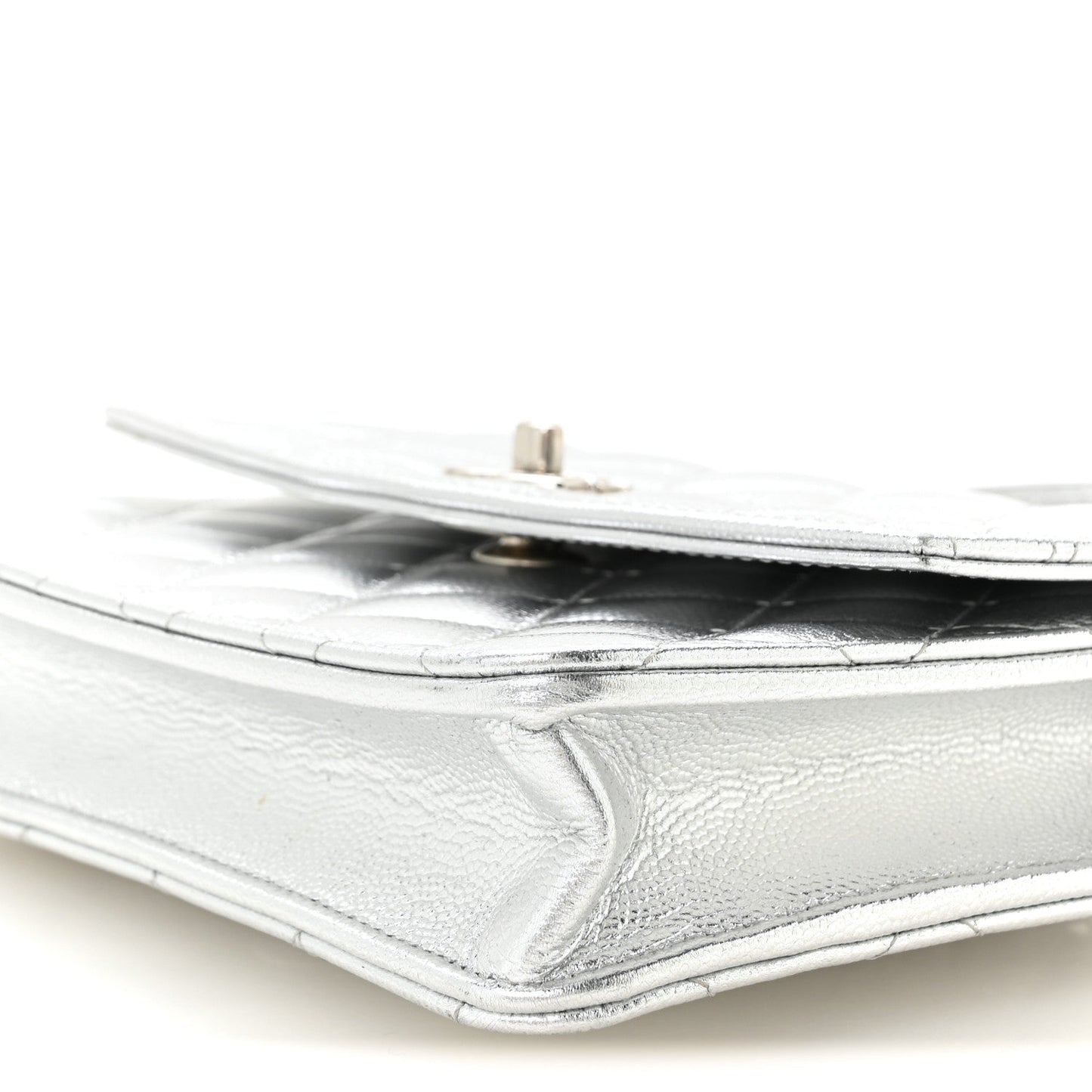 Metallic Caviar Quilted Top Handle Wallet on Chain WOC Silver