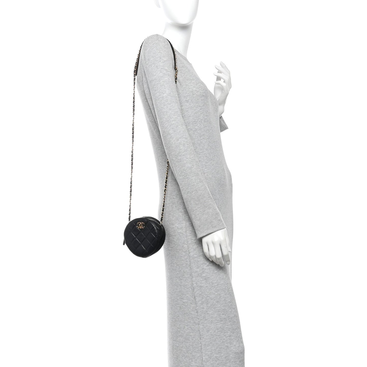 Goatskin Quilted Chanel 19 Round Clutch With Chain Black
