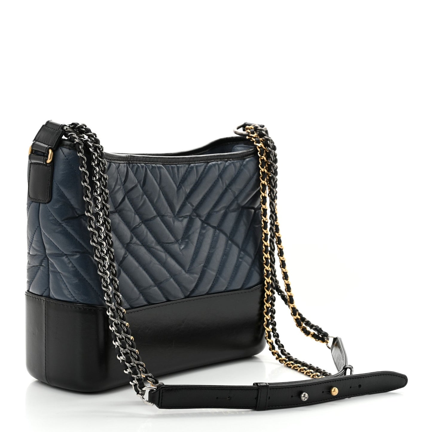 Aged Calfskin Chevron Quilted Medium Gabrielle Hobo Navy Black