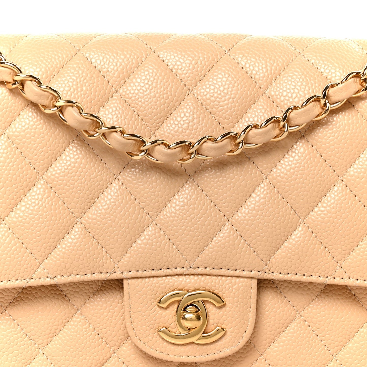 Caviar Quilted Medium Double Flap Beige