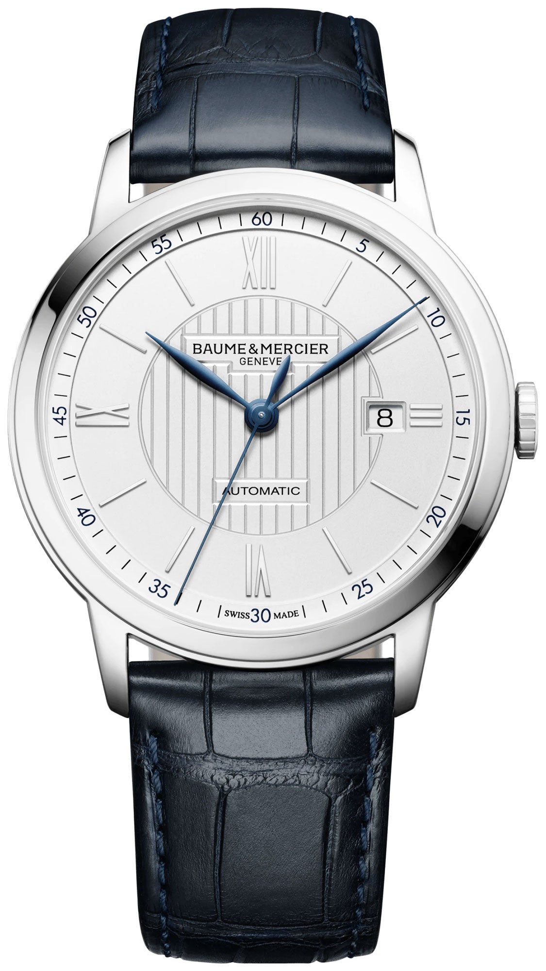 Baume & Mercier Classima Automatic Silver-Tone Dial Blue Leather Strap Date Mens Watch MOA10333