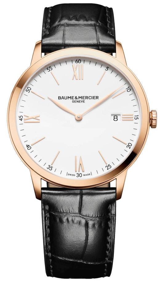 Baume & Mercier Classima Rose Gold PVD White Dial Black Leather Strap Date Quartz Mens Watch M0A10441