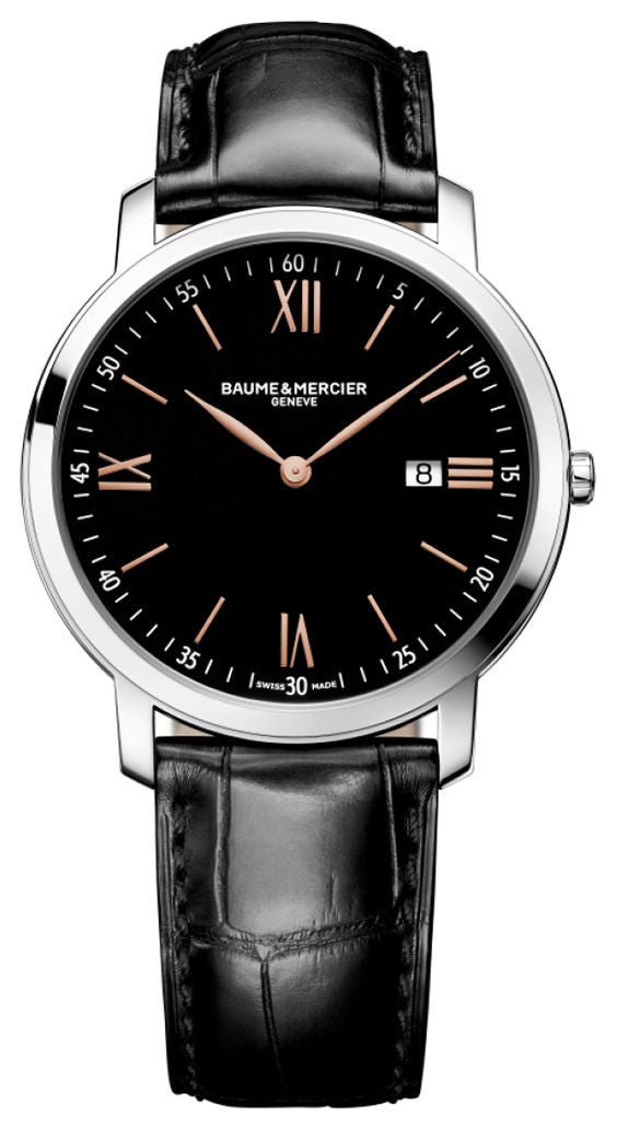 Baume & Mercier Classima Stainless Steel Black Dial Black Leather Strap Date Quartz Mens Watch MOA10127