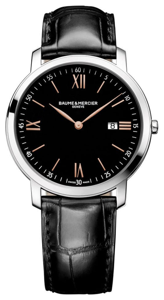 Baume & Mercier Classima Stainless Steel Black Dial Black Leather Strap Date Quartz Mens Watch MOA10127