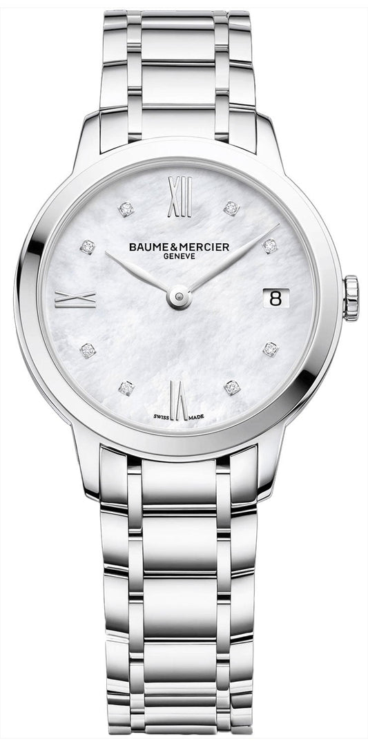 Baume & Mercier Classima Stainless Steel Mother-of-Pearl Dial Diamonds Date Quartz Womens Watch MOA10326