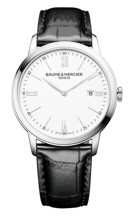 Baume & Mercier Classima White Dial Black Leather Strap Date Quartz Mens Watch M0A10414