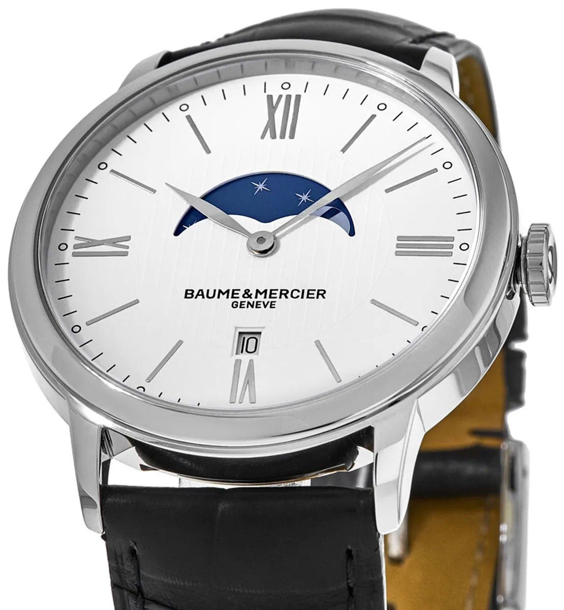 Baume & Mercier Classima White Dial Black Leather Strap Moonphase Date Quartz Mens Watch MOA10219