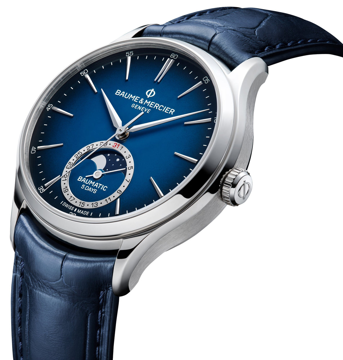 Baume & Mercier Clifton Baumatic Automatic Stainless Steel Blue Dial Blue Leather Strap Moonphase Date Mens Watch M0A10756