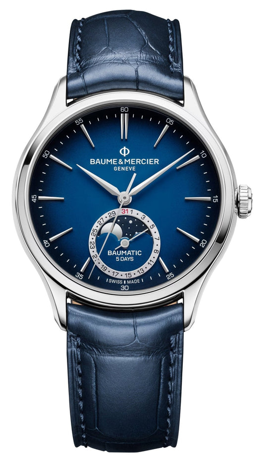 Baume & Mercier Clifton Baumatic Automatic Stainless Steel Blue Dial Blue Leather Strap Moonphase Date Mens Watch M0A10756